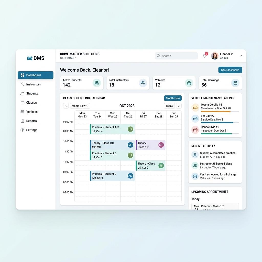 Driving School Management System Dashboard Preview